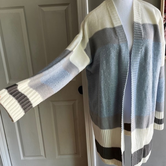 Striped Open Front Cardigan Sweater Long Sleeve Knitwear Duster - Picture 4 of 9